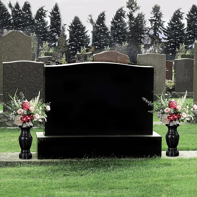 Cemetery Vase, Granite Grave Vase Memorial Stone Vases for Home Tabletop, Artificial or Fresh Flowers, Cemetery Grave Headstone Decorations (2Pcs, Black), No Draining Hole