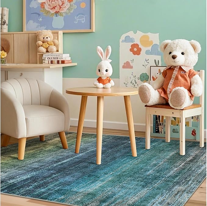 Kokia Abstract Teal Area Rug Living Room Washable 4x6 Non-Slip Stain Resistant Bohemian Rug Soft Indoor Vibrant Carpet for Bedroom Room Decor, Blue and Green