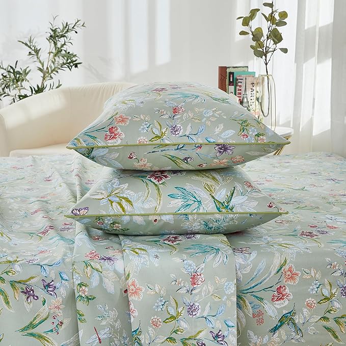 Brandream Bed Sheets Garden Style Butterfly Floral Bedding Elegant Watercolor Painting Farmhouse Queen Size Sheets Set Luxury Bedding Collections 100% Egyptian Cotton Deep Pocket, 4 Piece Green