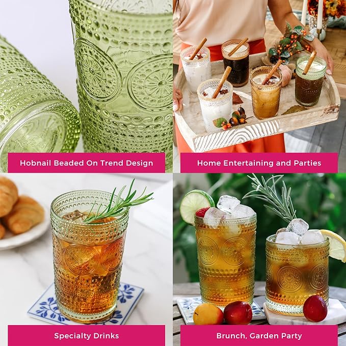 Kate Aspen Hobnail Beaded Floral Green Drinking Glasses Set of 6, (13 oz) Vintage Glassware & Cocktail Glass Set, Juice Glass, Water Cups | Great Hostess Gift & Gift for New Home Owners (Pack of 4)