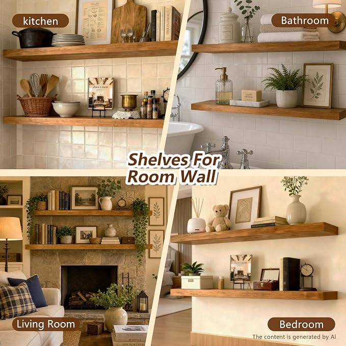 ROGMARS 36 Inches Long Walnut Floating Shelves,Rustic Solid Wood Farmhouse Wall Shelves with Invisible Brackets for Bathroom, Living Room, Bedroom, Kitchen Set of 2