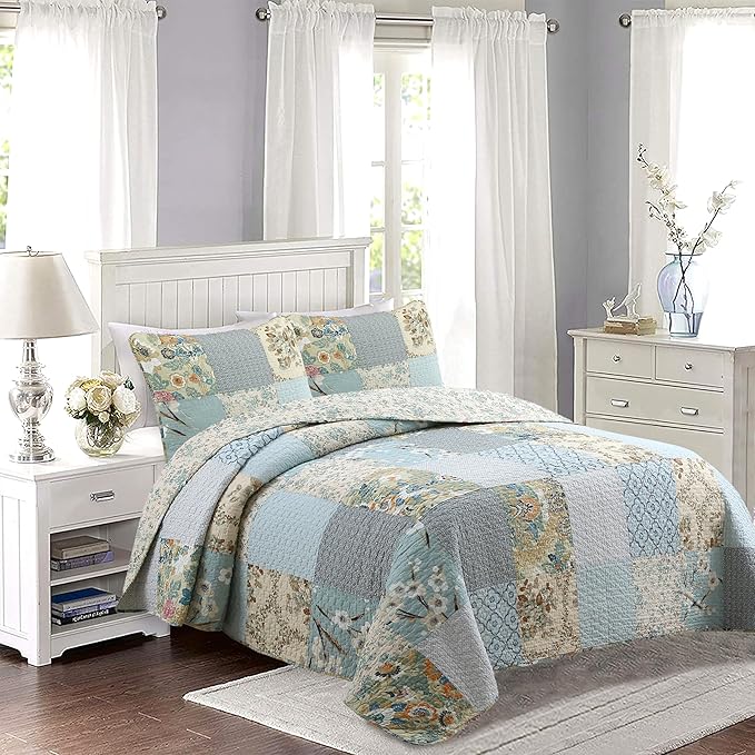 Cozy Line Home Fashions 100% Cotton Classic Patchwork Bedding Quilt Set, Blue Gray Teal Taupe Floral Bohemian Style Reversible Bedspread Coverlet (Carolina Bloom, King - 3 Piece)