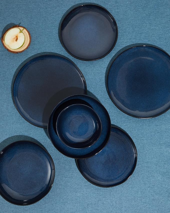 Pokini 24 Piece Ceramic Dinnerware Sets for 8, Starry Blue Reactive Glaze | Unique Coastal Edge for Holiday Gatherings, Thanksgiving, Dinner Parties | Microwave & Dishwasher Safe Stoneware Dish Set