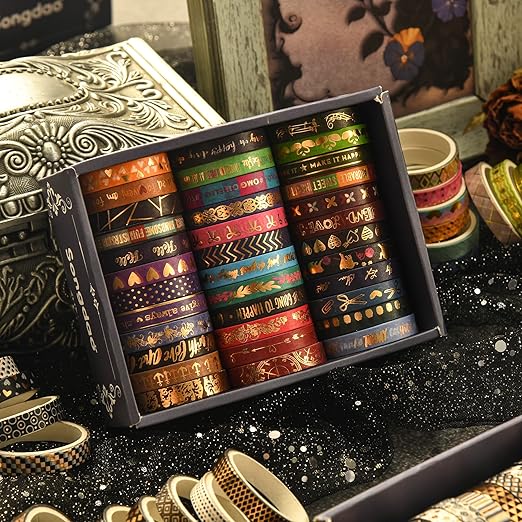 Songdao 36 Rolls Skinny Washi Tape Set Gold Foil Detailing Arts Adhesive Tapes Basic Patterns Decorative Masking Tape Sets for Craft, Kids, Scrapbook, DIY, Gift Wrapping (Bronzing Letters)