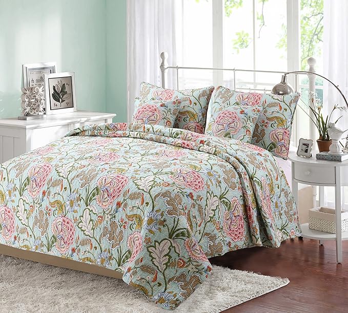 Cozy Line Home Fashions Blooming Red White Floral 100% Cotton Reversible Quilt Bedding Set, Coverlet Bedspread (Camellia Green, King - 3 Piece)