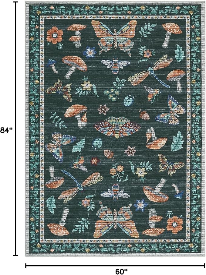 5x7 Washable Mushroom Floral Small Rug Non Slip Living Room Vintage Area Rug Low Pile Soft Bedroom Rugs Non Shedding Kitchen Rugs Boho Retro Indoor Carpet for Kids Nursery Room, Black