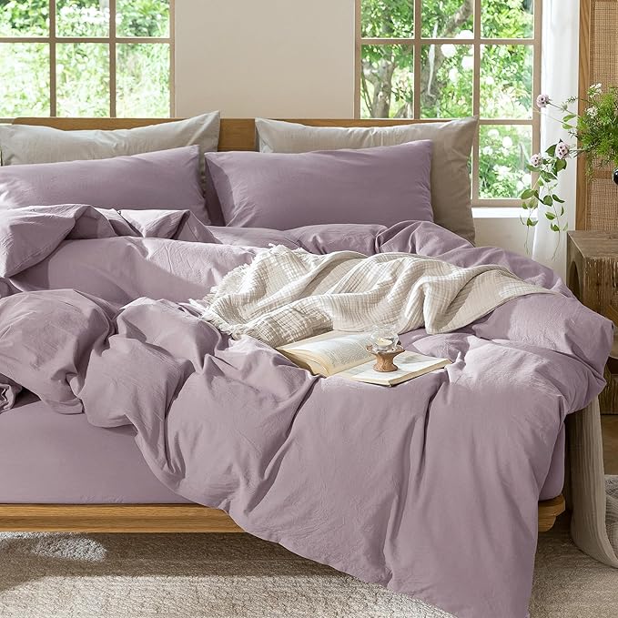 MooMee Bedding Duvet Cover Set 100% Washed Cotton Linen Like Textured Breathable Durable Soft Comfy (Solid Taro Purple, Palatial King/Oversized King 120"x98")