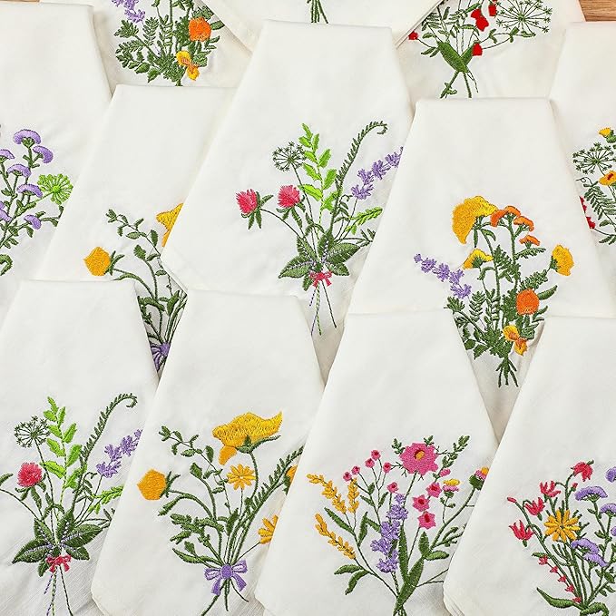 Tioncy 6 Pcs Christmas Floral Cloth Napkins Decorations Bulk Embroidered Wildflower Dinner Napkins Tea Cocktail Party Gifts Xmas Stocking Stuffers for Holiday Table Decor (White)