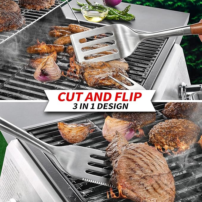 GRILAZ Heavy-Duty Rose Wooden BBQ Grilling Tools Set. Extra Thick Stainless Steel Multi-Function Spatula, Fork & Tongs | Essential Accessories for Barbecue & Grill. Ideal Gift for Father…