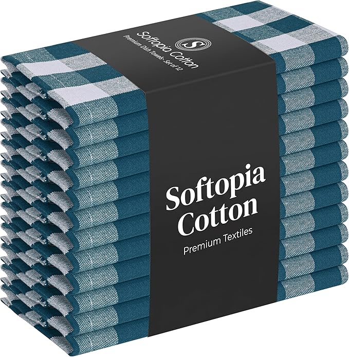 Gingham Checked Kitchen Dish Towels 12 Pack, 18"x26", 100% Cotton, Quick Dry Wash Rags, Reusable Dishcloths Set, Machine Washable, Absorbent Hand Towel - Teal Green, White