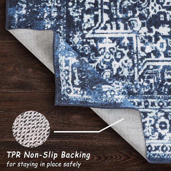 vivorug 9x12 Area Rugs, Stain Resistant Washable Rug for Living Room, Vintage-Inspired (Navy Blue, 9'x12')