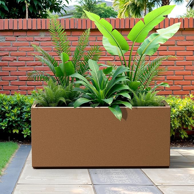 Metal Planter Box Rectangular Planter Box with Drainage Hole, Outdoor Large Planters, All-Weather Use, Rust-Resistance, for Flowers Plants, 38" L × 15" W × 16.3" H, Brown