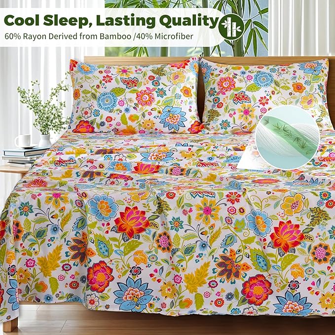Bedlifes Extra Deep Pocket 18-24" Queen 4-Piece Sheet Set - Cooling Sheets Blend Rayon Derived from Bamboo Soft & Breathable Floral Spring Design