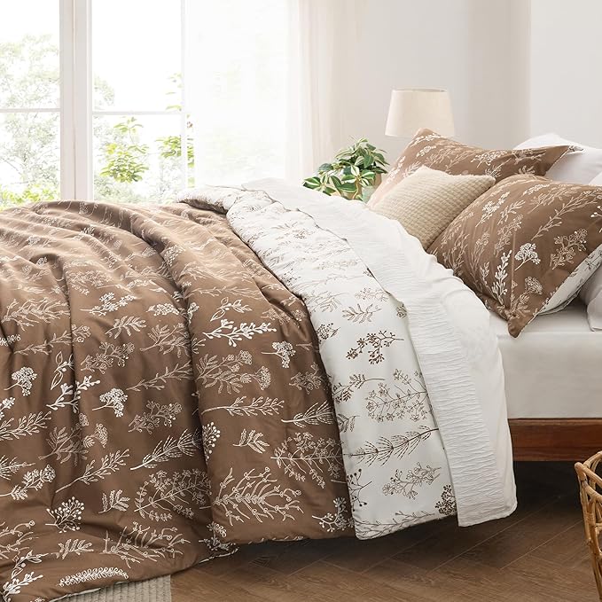 Bedsure Twin/Twin XL Comforter Set - Brown Bed Set, 2 Pieces Cute Floral Bedding, 1 Soft Reversible Botanical Flowers Comforter and 1 Pillow Shams