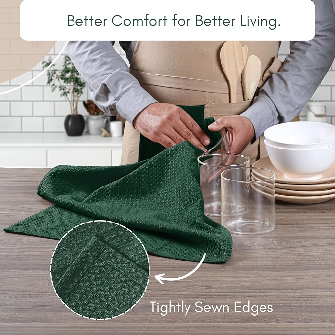 TWINY threads Waffle Weave Kitchen Towel Set of 12, 16x26 Inches, Premium 100% Cotton Dishcloths with Hanging Loop, Absorbent, Quick Drying Cloths for Drying Dishes, Washable, Reusable, Forest Green