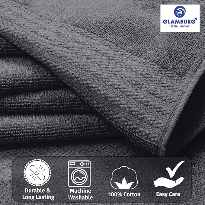 GLAMBURG Premium Cotton Oversized 2 Pack Bath Sheet 35x70-100% Pure Cotton - Ideal for Everyday use - Ultra Soft & Highly Absorbent - Machine Washable - Charcoal
