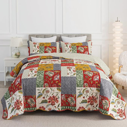HoneiLife Queen Quilt Bedding Sets - Floral Quilt Bedding Sets 3-Piece 90x96, Microfiber Reversible Bedspreads Patchwork Coverlet Nostalgic Bedding Set All Season Quilts