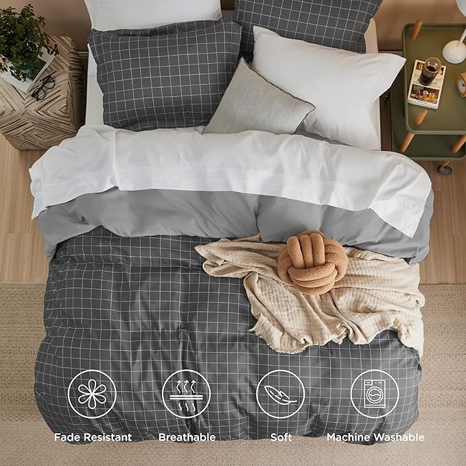 Bedsure Duvet Cover Twin Size - Reversible Plaid Duvet Cover Set with Zipper Closure, 2 Pieces Dark Grey Bedding Set with 8 Corner Ties and 1 Pillow Sham 20"x26"