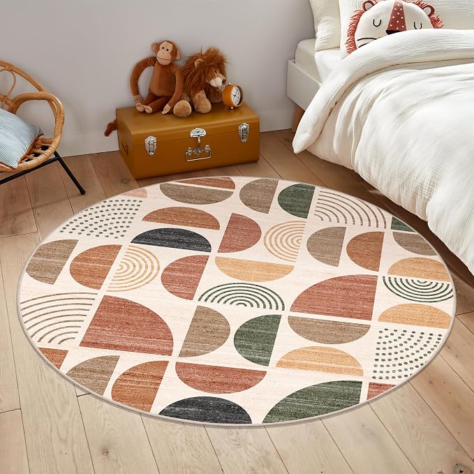 MUJOO Round Rugs 5ft,Circle Area Rug Washable,Circular Rugs for Living Room Dining Room,Boho Non Slip Throw Floor Carpet Modern Abstract Bohemian Terracotta