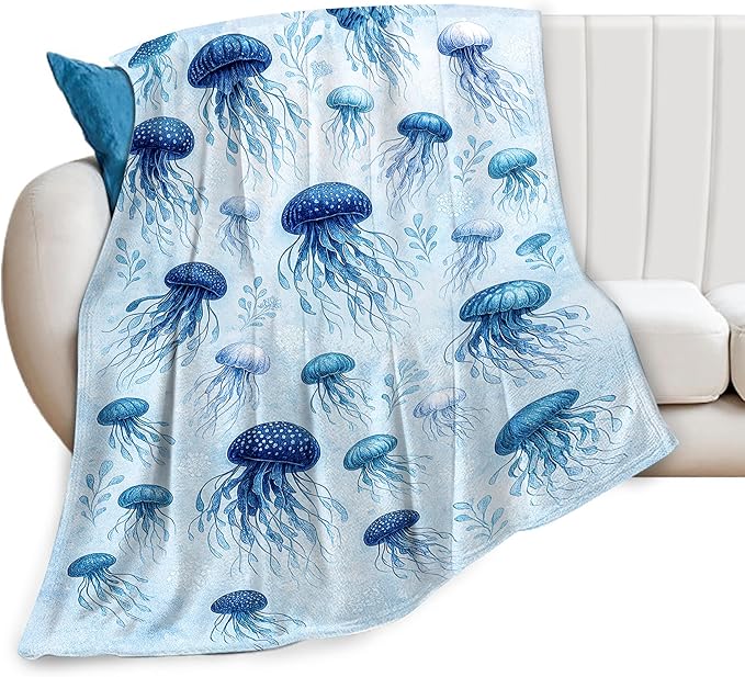 Jellyfish Blanket Marine Life Throw Blanket Blue Ocean Sea Soft Cozy Fleece Sealife Fuzzy Stuffed Plush Animal Flannel Gifts for Girls Women Boys Kids Adults 40''x50''