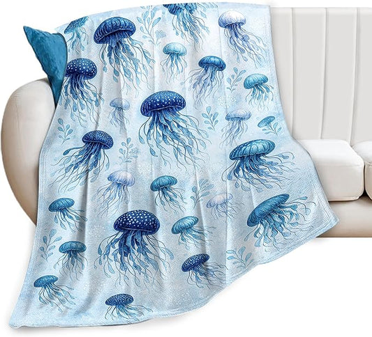 Jellyfish Blanket Marine Life Throw Blanket Blue Ocean Sea Soft Cozy Fleece Sealife Fuzzy Stuffed Plush Animal Flannel Gifts for Girls Women Boys Kids Adults 40''x50''