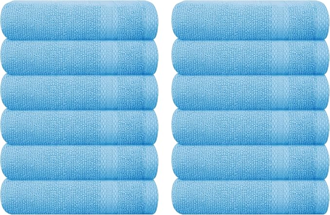 GLAMBURG Ultra Soft 12-Piece Washcloths Set 13x13-100% Ringspun Cotton - Durable & Highly Absorbent Face Towels - Ideal for use in Bathroom, Kitchen, Gym, Spa & General Cleaning - Sky Blue