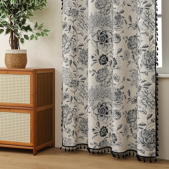 Blackout Black Floral Farmhouse Curtains Living Room Thermal Insulated Drapes, Elegant Peony Pattern & Tassel Curtains 2 Panels Blocking Curtains for Windows Floral Drapes (52W*84L)