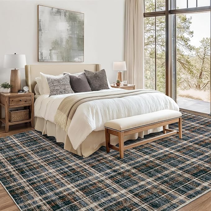 9x12 Area Rug Washable Rugs for Bedroom Large Living Room Rug Non Slip Farmhouse Stain Resistant Floor Carpet for Dining Room Home Office Decor, Black&Brown