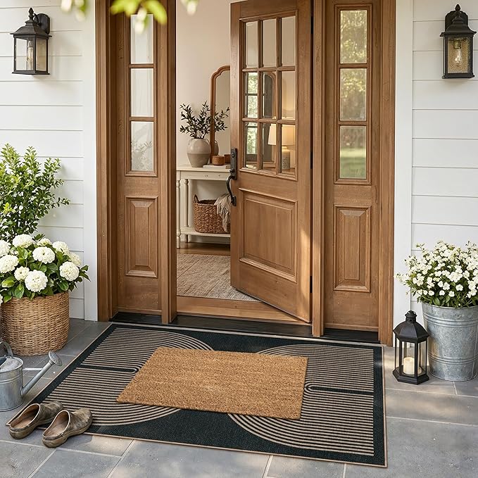 Lahome Enfys Modern Rainbow Easy Jute Outdoor Patio Rug, 3x5 Black Washable Rugs for Entryway Office Farmhouse Classroom Carpet, Contemporary Non Slip Front Door Mat for Porch Guestroom Room Decor