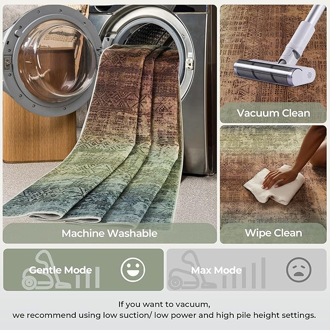 Kokia Abstract Area Rugs 8x10 Bedroom Soft Living Room Rugs Washable Distressed Vintage Comfy Carpet with Non-Slip Backing for Farmhouse Home Office Room Decor, Warm Brown and Dark Sage Green