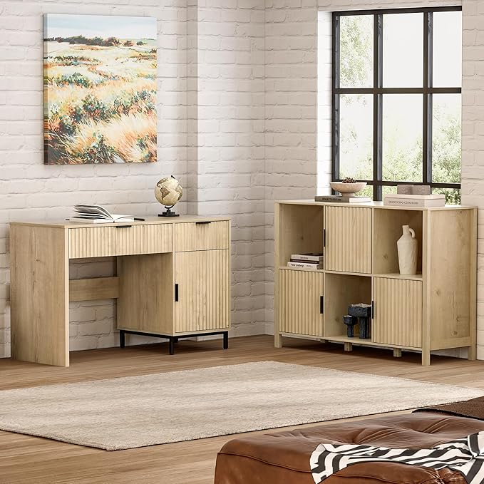 47" Fluted Executive Desk, Modern Wood Home Office Desk with Charging Station, Drawer & Cabinet, Computer Writing Desk for Work Study, Light Oak