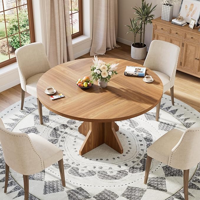 Garvee Round Dining Table for 4-6 People - 47" Circle Kitchen Dinner Table with Sturdy Pedestal Base, Small Spaces Dinning Room Furniture for Living Room, Kitchen, Apartment, Brown