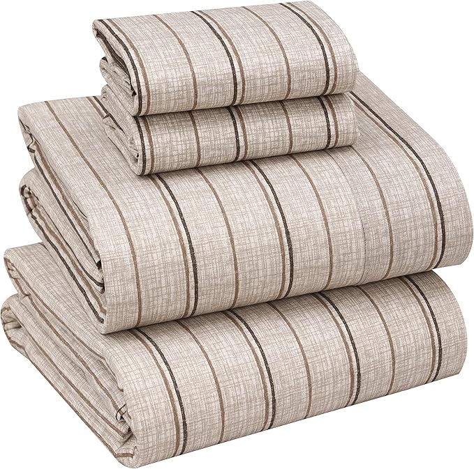 RUVANTI 100% Cotton King Size Sheets Set, 4 Pieces, Soft & Breathable Percale Weave Bedding, Deep Pocket 16", Hotel Standard, Crisp Cool Feel, Durable, Perfect Striped Bed Sheet, Brown Stripes