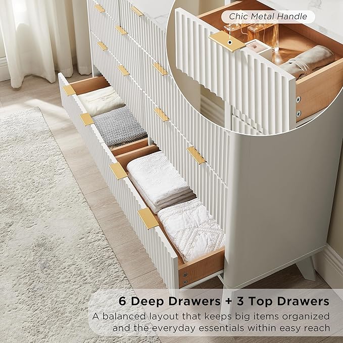 T4TREAM Fluted 9 Drawer Dresser, Modern Chest of Drawers with Faux Marble Top, Curved Profile Design, Dresser TV Stand, Wood Drawer Organizer for Bedroom, Living Room, Hallway, Solid White