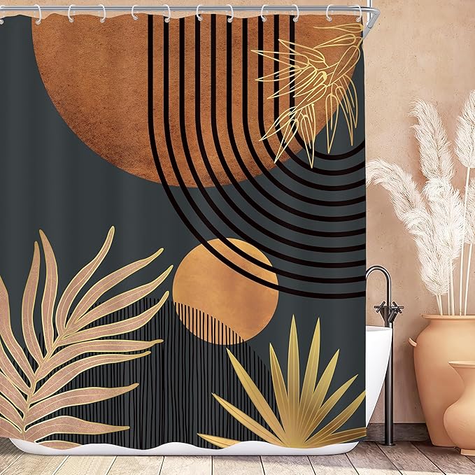 KOMLLEX Mid Century Brown Black Boho Shower Curtain 60Wx72L Inches Abstract Modern Shower Curtain for Bathroom Decor Plant Botanical Minimalist Arch Sun Fabric Liner Waterproof Polyester 12 Pack Hooks