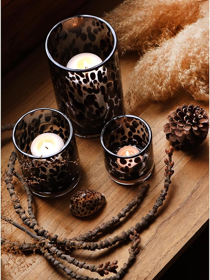 ARIAMOTION Glass Hurricane Candle Holder Set,Table Decoration Centerpieces for Pillar Votive Tealights Clear Cylinder Vase with Black Tortoise Pattern, 8 Inch 5 Inch 3.5 Inch Height, 3 Piece