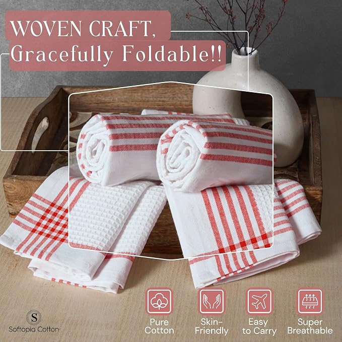 Waffle White & Red Kitchen Dish Towels, Set of 4, 100% Cotton 16x26 inches, Absorbent Tea Towel, Multi-Purpose Hand Cleaning Towel, Strong and Reusable Dish Cloths for Drying Dishes