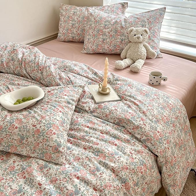 Boho Floral Duvet Cover Twin Soft Cotton Aesthetic Floral Bedding Sets French Style Pink Blue Flower Branches Duvet Cover Chic Shabby Garden Floral Comforter Cover Botanical Twin Size Bedding Sets
