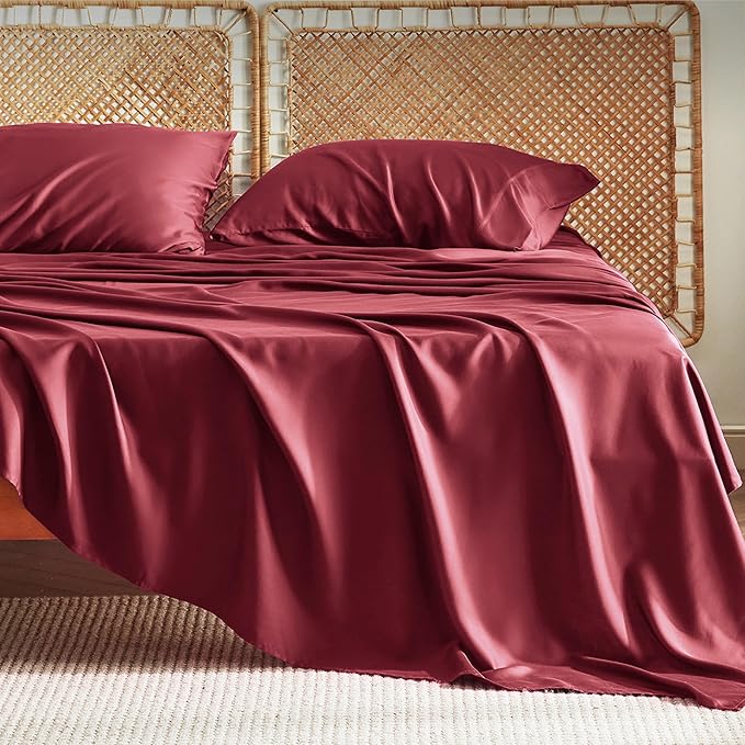 Bedsure California King Sheet Sets, Cooling Sheets, Rayon Derived from Bamboo, Breathable & Soft, Deep Pocket Up to 16 Inches, Hotel Luxury Silky Bedding for Hot Sleepers, Burgundy
