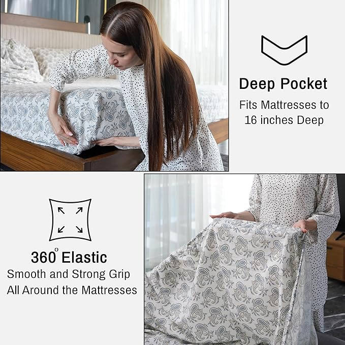 RUVANTI Flannel Sheets Full Size - 100% Cotton Double Brushed Bed Sheets Set, Deep Pockets 16 Inches, All Seasons Breathable & Extra Soft Full Sheets, Warm & Cozy, 4 Piece, Old School Paisley