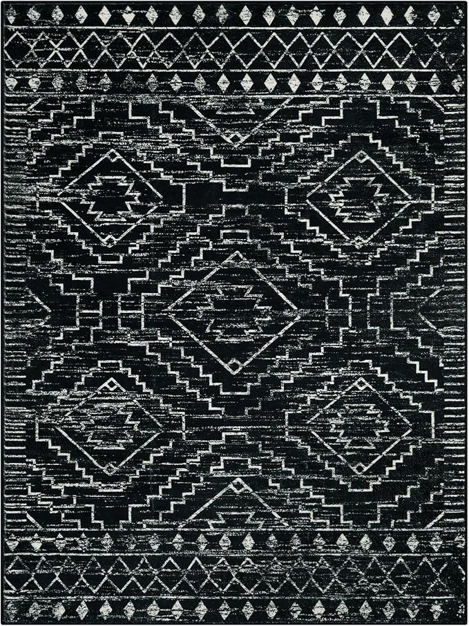 Wonnitar Moroccan 9x12 Area Rug for Living Room, Washable Black Rugs for Bedroom, Large Non-Slip Thin Dining Room Rugs for Under Table, Non-Shedding Soft Boho Floor Carpet Decor (Black,9'x12')