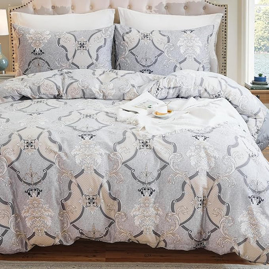 100% Natural Cotton Duvet Cover Set Queen 3 Pcs Grayish Duvet Cover with Luxurious Damask Pattern, Reversible Breathable Soft Comforter Cover Sets with Zipper Closure All Season
