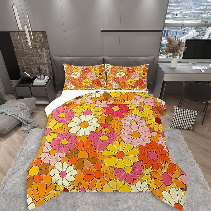 Castle Fairy Bohemian Flowers Bedding Comforters King Size,70s Floral Comforter Set for Children Xmas Gift,Hippie Retro Groovy Botanical Quilt Set Bedroom Decor, 2 Pillowcases