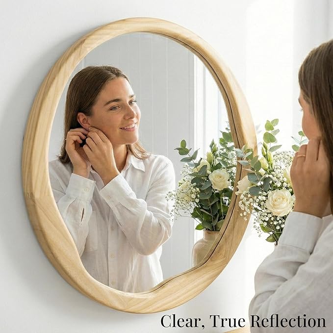 Natural Wood Round Mirror 24 Inch, Solid Wood Framed Wall Mirror with Irregular Wavy Inner Edge for Bathroom Vanity, Bedroom & Boho Decor