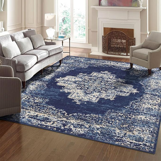 vivorug 8x10 Area Rugs for Living Room, Non-Slip Backing Washable Rug 8x10, Large Area Rug Soft Carpet for Bedroom Dining Room, Vintage, Easy Clean, Durable, Low Pile Rug Under Table, Navy Blue
