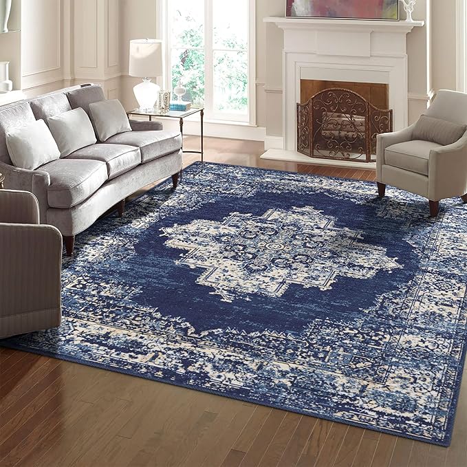vivorug 3x5 Rug, Small Area Rug for Living Room, Bedroom, Kitchen, Machine Washable Non-Slip Throw Rug, Vintage Carpet for Entryway Nursery Coffee Table - Durable (Navy Blue)