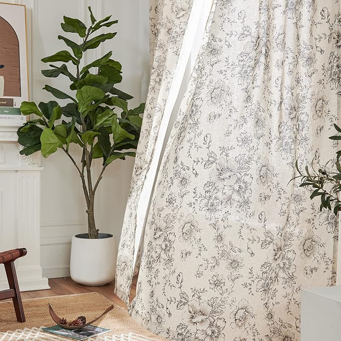 jinchan Linen Blend Curtain Floral Curtains for Living Room 90 Inch Length Black Printed Curtain Rod Pocket Back Tab Farmhouse Peony Flower Patterned Drapes Bedroom Window Curtains Set 2 Panels