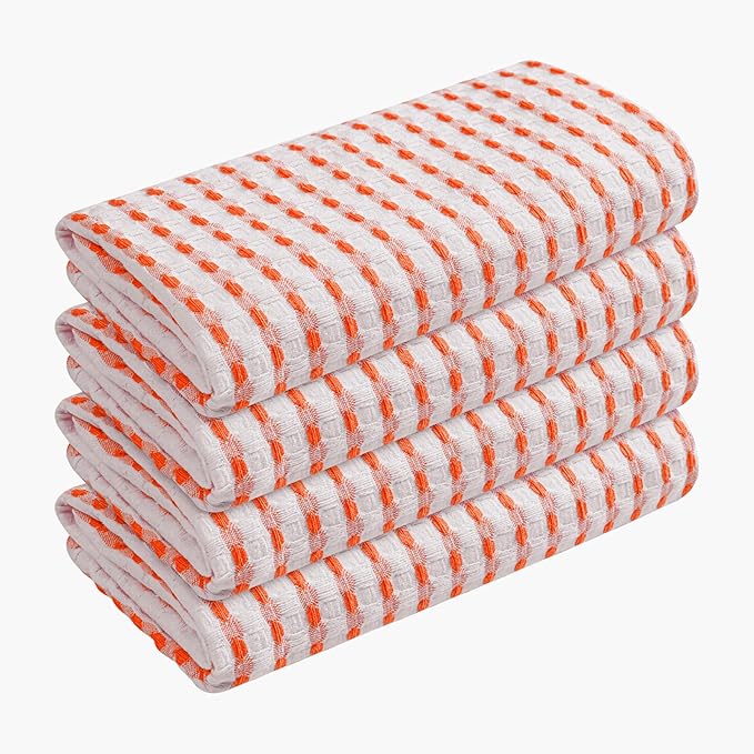 TWINY threads Waffle Dish Towels 4 Pack, 100% Cotton 16x26 Kitchen Hand Towel Pack, Highly Absorbent & Quick Dry Dishcloth Set for Drying Dishes, Cleaning Counters & Everyday Use, Orange, White