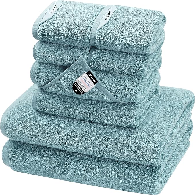 SEMAXE Bath Towel Set, 8 Piece Towel Set for Bathroom, Quick Dry Cotton Towels with Hanging Loops, Easy Care, Blue