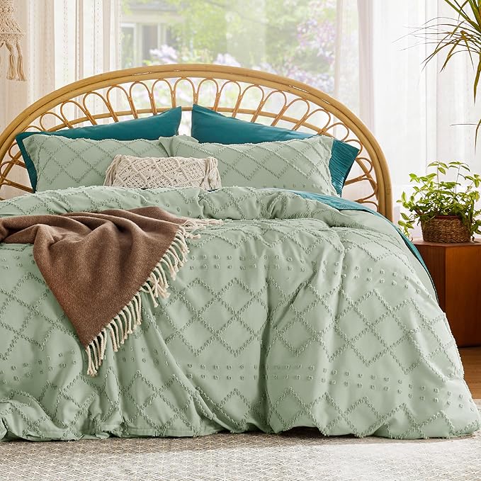 Bedsure Boho Duvet Cover King Size - Sage Green Breathable & Soft Boho Bedding, Machine Washable Comforter Cover for All Seasons, Includes 1 Duvet Cover 104"x90" with 2 Pillow Shams & Zipper Closure